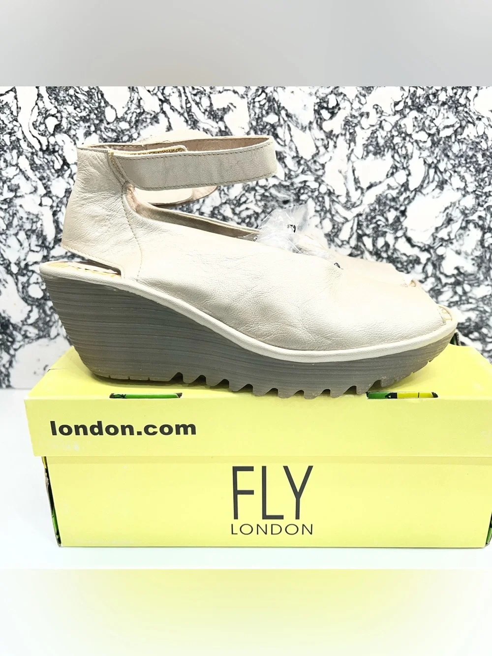 Fly London Cream Leather Platform Slingback Sandals